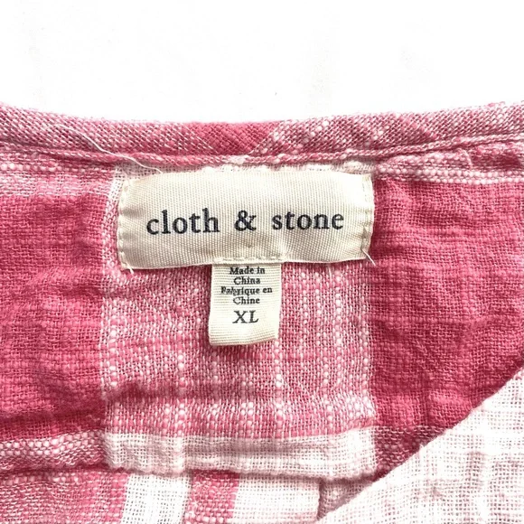 Anthro Cloth and Stone Cotton Linen Button-Back Gingham Blouse Pink White XL - Picture 6 of 6